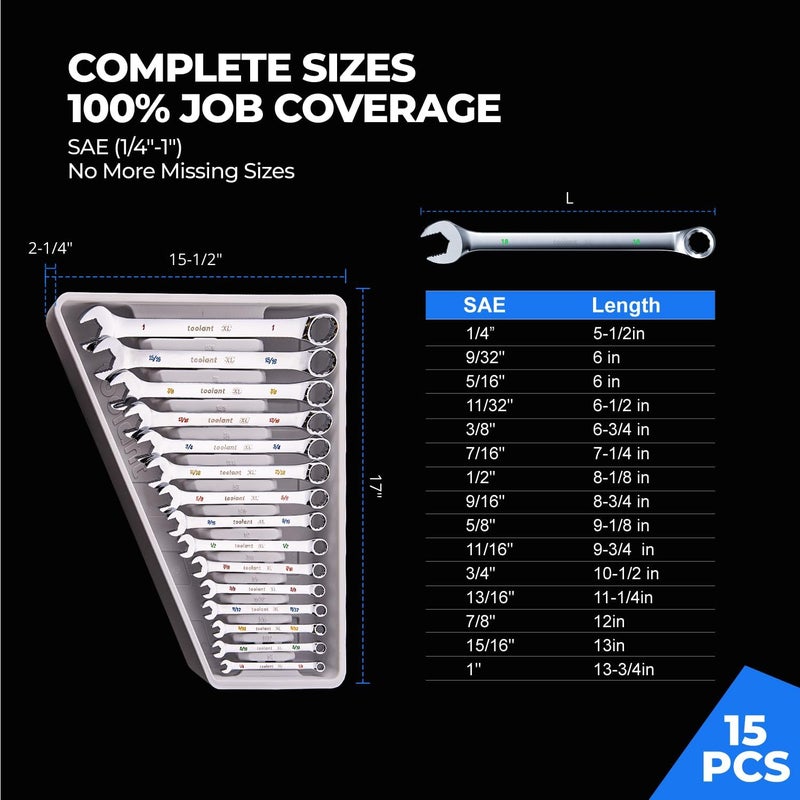toolant Max Grip 15pcs Professional SAE Combination Wrench Set with Long Pattern Offset Heads Anti-Slip Teeth & Color-Coded Markings for Machinist, Auto, maintenance, DIYer - Image 2